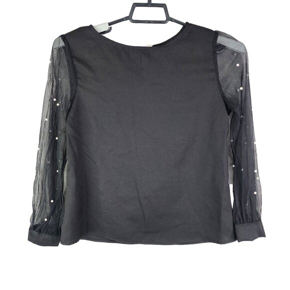 Women's Black Blouse Top With Sheer Pearl-Embellished Sleeves Round Neck S - Picture 1 of 10